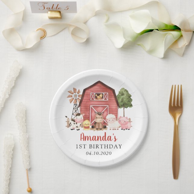 Farm Animals, Cute Animals, Barn, First Birthday Paper Plate (Wedding)