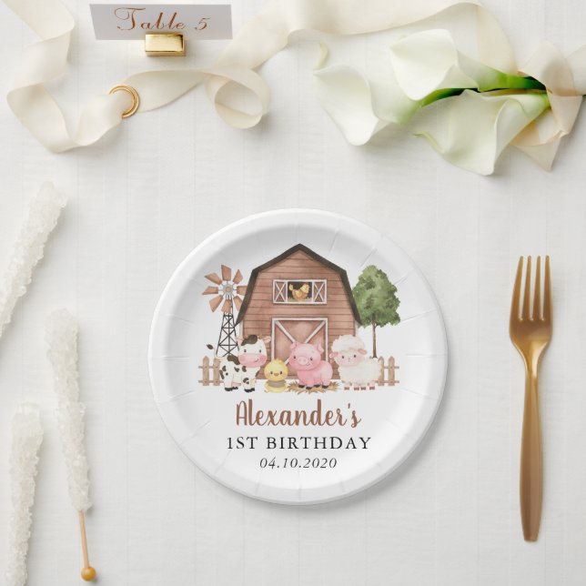 Farm Animals, Cute Animals, Barn, First Birthday Paper Plate (Wedding)