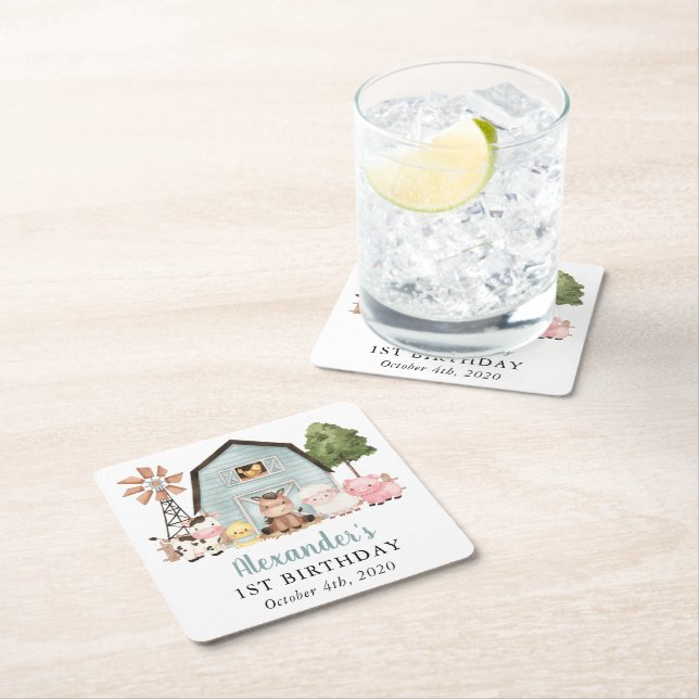 Farm Animals, Cute Animals, Barn, First Birthday Square Paper Coaster (Insitu)
