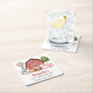 Farm Animals, Cute Animals, Barn, First Birthday Square Paper Coaster