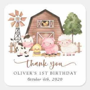 Farm Animals, Cute Animals, Barn, First Birthday Square Sticker