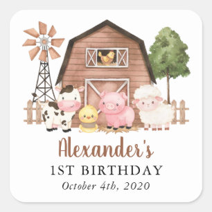 Farm Animals, Cute Animals, Barn, First Birthday Square Sticker