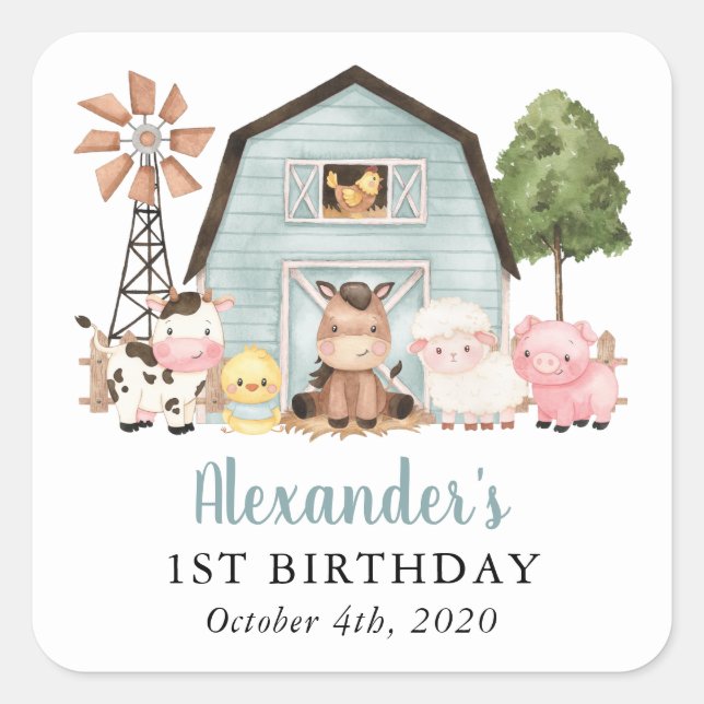 Farm Animals, Cute Animals, Barn, First Birthday Square Sticker (Front)