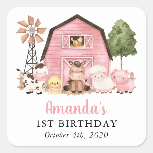 Farm Animals, Cute Animals, Barn, First Birthday Square Sticker (Front)