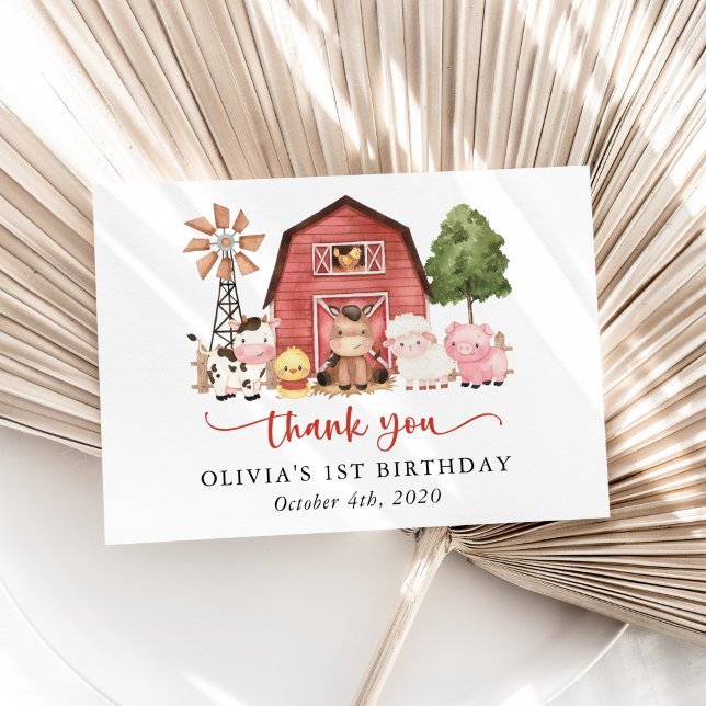 Farm Animals, Cute Animals, Barn, First Birthday Thank You Card (Creator Uploaded)