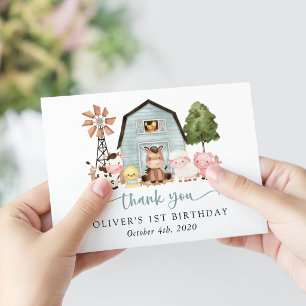 Farm Animals, Cute Animals, Barn, First Birthday Thank You Card