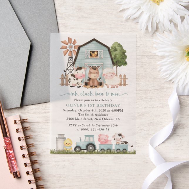 Farm Animals, Cute Animals, Barn, First Birthday Vellum Invitations (Wedding)