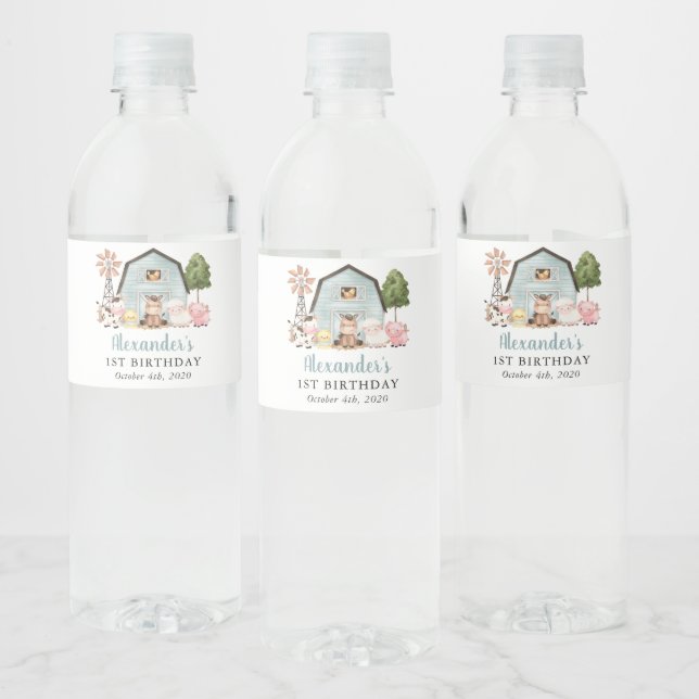 Farm Animals, Cute Animals, Barn, First Birthday Water Bottle Label (Bottles)