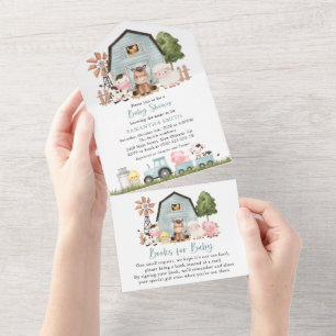 Farm Animals, Cute Animals, Blue Barn, Baby Shower All In One Invitation