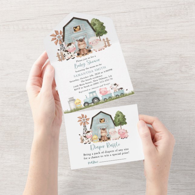 Farm Animals, Cute Animals, Blue Barn, Baby Shower All In One Invitation (Tearaway)