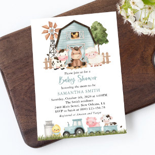 Farm Animals, Cute Animals, Blue Barn, Baby Shower Invitation