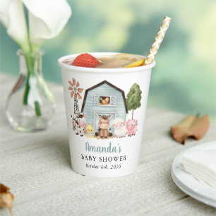 Farm Animals, Cute Animals, Blue Barn, Baby Shower Paper Cups