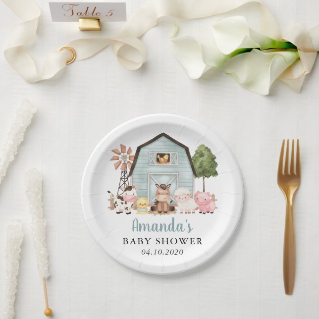 Farm Animals, Cute Animals, Blue Barn, Baby Shower Paper Plate (Wedding)