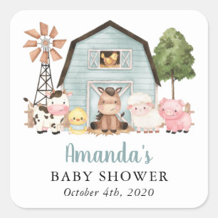 Farm Animals, Cute Animals, Blue Barn, Baby Shower Square Sticker
