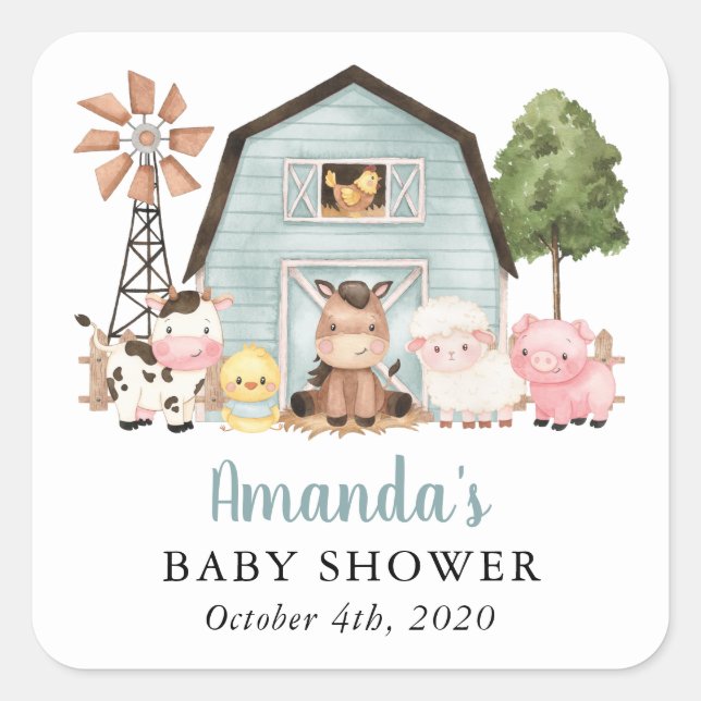 Farm Animals, Cute Animals, Blue Barn, Baby Shower Square Sticker (Front)