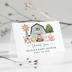 Farm Animals, Cute Animals, Blue Barn, Baby Shower Thank You Card