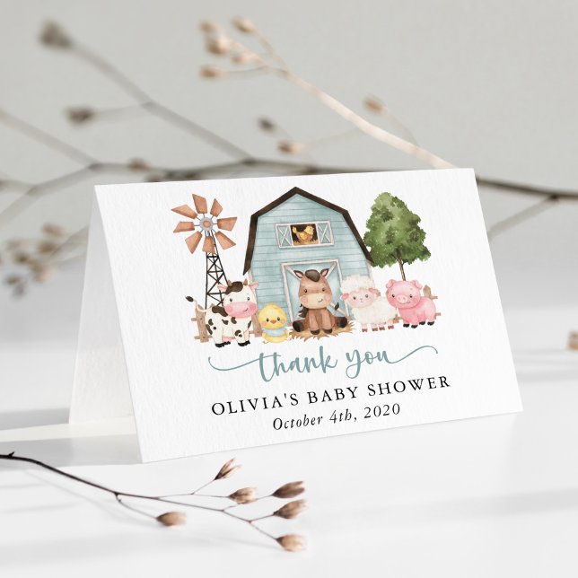 Farm Animals, Cute Animals, Blue Barn, Baby Shower Thank You Card (Creator Uploaded)