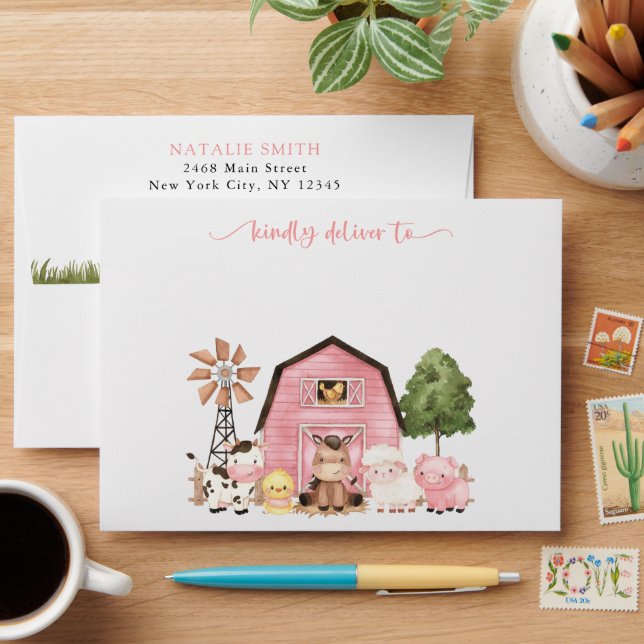 Farm Animals, Cute Animals, Pink Barn, Baby Shower Envelope (Desk)