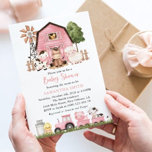 Farm Animals, Cute Animals, Pink Barn, Baby Shower Invitation