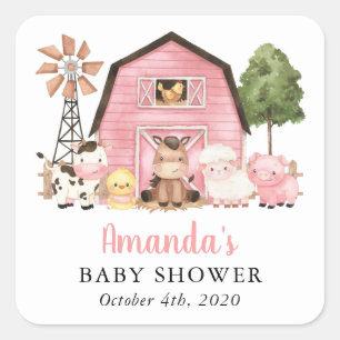 Farm Animals, Cute Animals, Pink Barn, Baby Shower Square Sticker