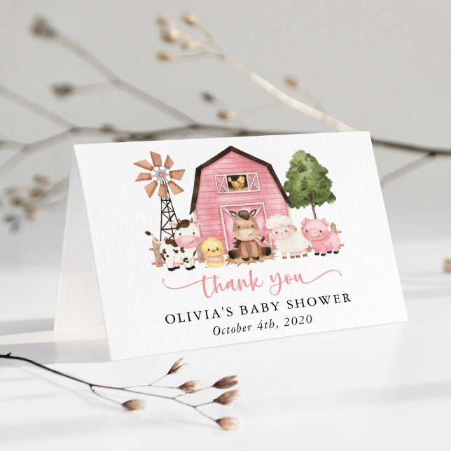 Farm Animals, Cute Animals, Pink Barn, Baby Shower Thank You Card (Creator Uploaded)