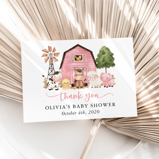 Farm Animals, Cute Animals, Pink Barn, Baby Shower Thank You Card (Creator Uploaded)