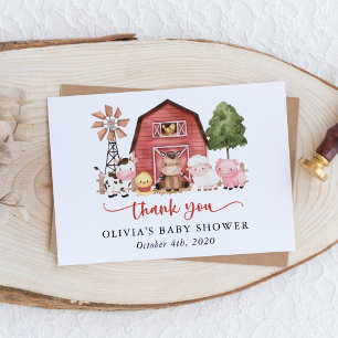 Farm Animals, Cute Animals, Red Barn, Baby Shower Thank You Card
