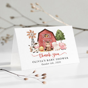 Farm Animals, Cute Animals, Red Barn, Baby Shower Thank You Card