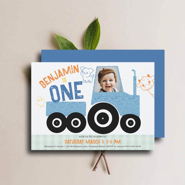 Farm Animals Denim Tractor Cute Photo 1st Birthday Invitation (farm tractor birthday invitation 1st first boy photo animals barnyard cute illustration denim blue)