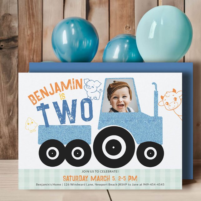 Farm Animals Denim Tractor Cute Photo 2nd Birthday Invitation (farm tractor birthday invitation 2nd second boy photo animals barnyard cute illustration denim blue )