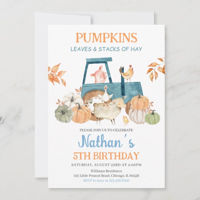 Farm Animals Fall Birthday Invitation (Front)