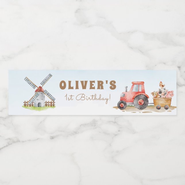 Farm Animals First Gender Neutral Birthday Party Water Bottle Label (Single Label)