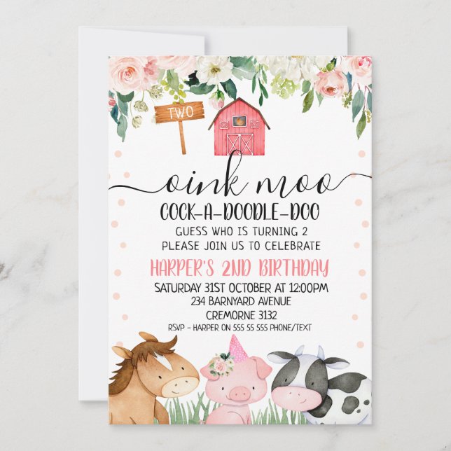 Farm Animals Floral 2nd Birthday Invitation (Front)