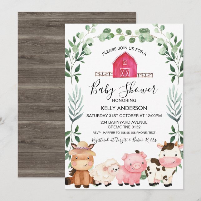 Farm Animals Foliage Wreath Baby Shower Invitation (Front/Back)