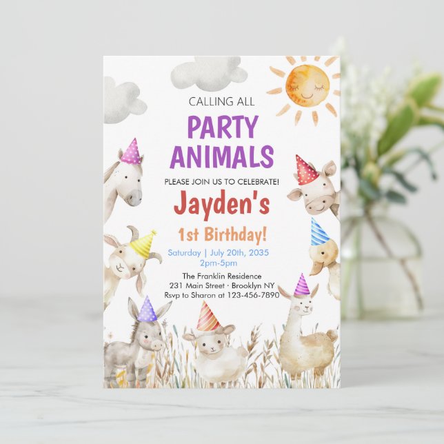Farm Animals gender neutral Barnyard 1st Birthday Invitation (Standing Front)