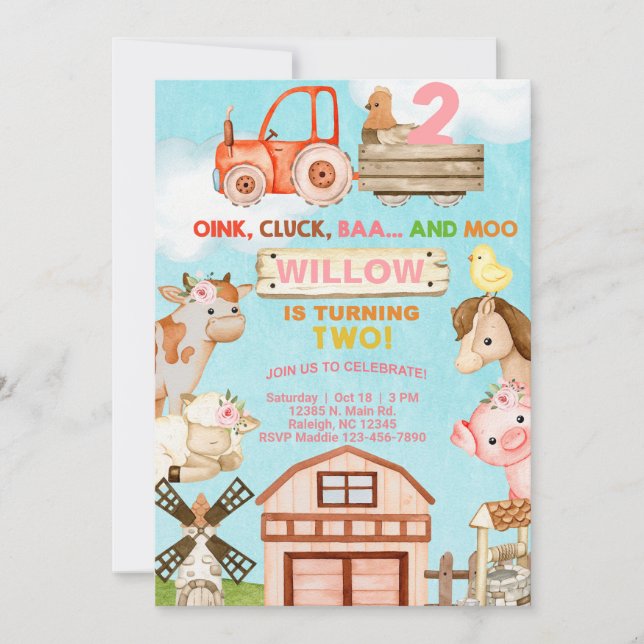 Farm animals girl 2nd birthday invitation. invitation (Front)