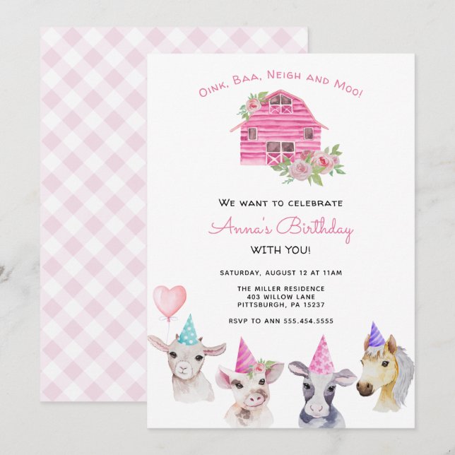 Farm Animals Girl Birthday Invitation (Front/Back)