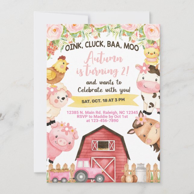Farm animals girl birthday invitation. invitation (Front)