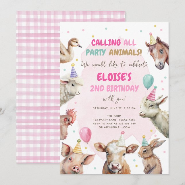 Farm Animals Girl Calling Party Animals Birthday I Invitation (Front/Back)