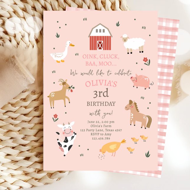 Farm Animals Girl Gingham Barnyard Birthday Invitation (Creator Uploaded)