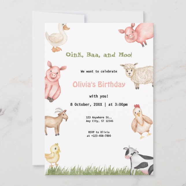 Farm Animals Girl Gingham Barnyard Birthday party Invitation (Front)