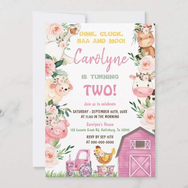 Farm Animals Girl Pink Birthday Invitation (Front)