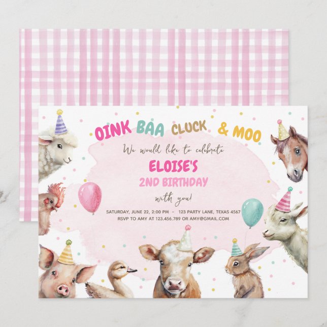 Farm Animals Girl Pink Gingham Barnyard Birthday I Invitation (Front/Back)