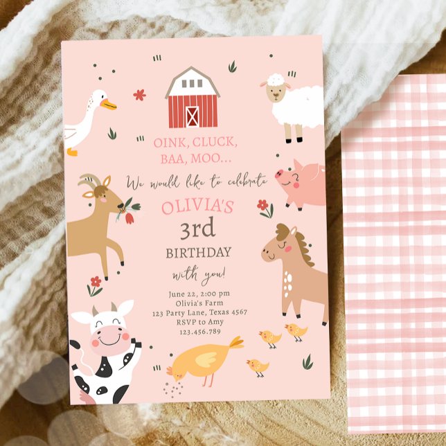 Farm Animals Girl Pink Gingham Barnyard Birthday I Invitation (Creator Uploaded)