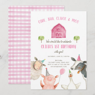 Farm Animals Girl Pink Gingham Barnyard Birthday Invitation