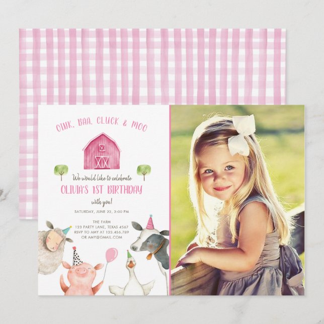 Farm Animals Girl Pink Gingham Barnyard Birthday Invitation (Front/Back)