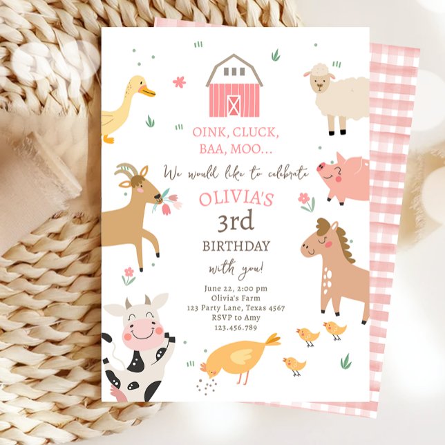 Farm Animals Girl Pink Gingham Barnyard Birthday Invitation (Creator Uploaded)