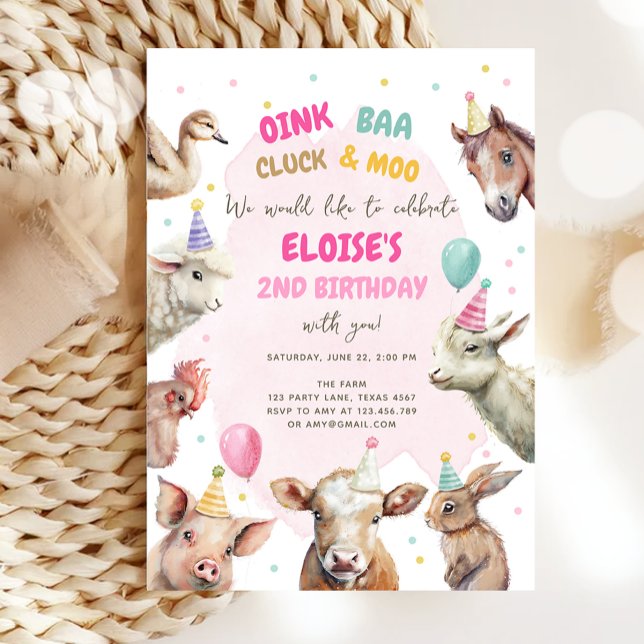 Farm Animals Girl Pink Gingham Barnyard Birthday Invitation (Creator Uploaded)