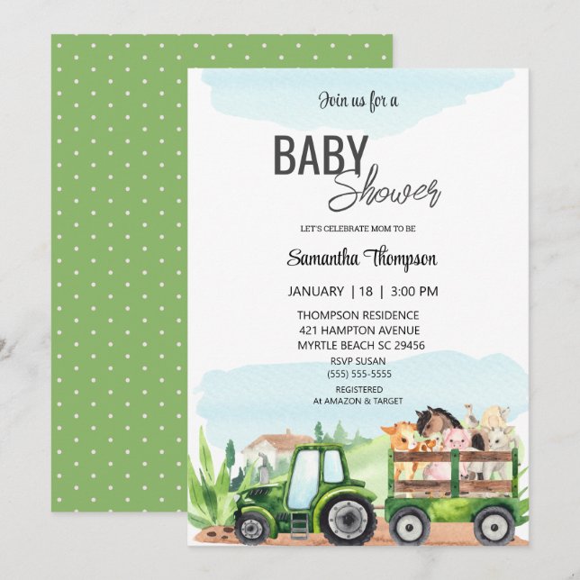   Farm Animals Green Tractor  Baby Shower     Invitation (Front/Back)