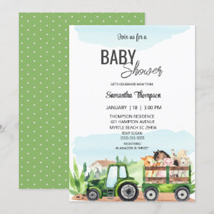   Farm Animals Green Tractor  Baby Shower     Invitation
